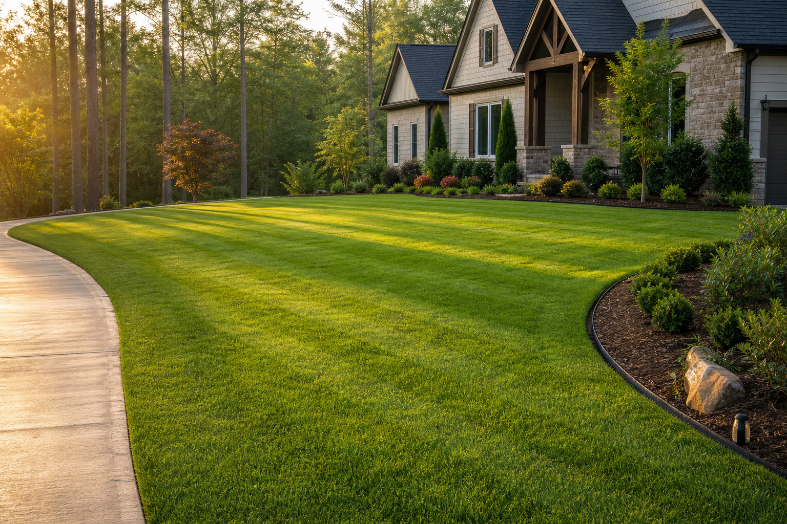 Freshly edged East Texas lawn in warm morning light